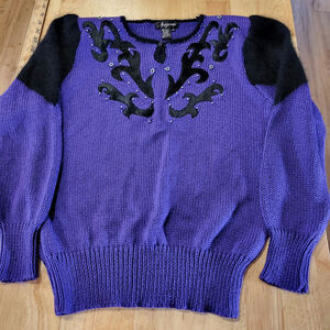 Vintage Purple Embellished Black Blended Knit Sweater 20" P2P